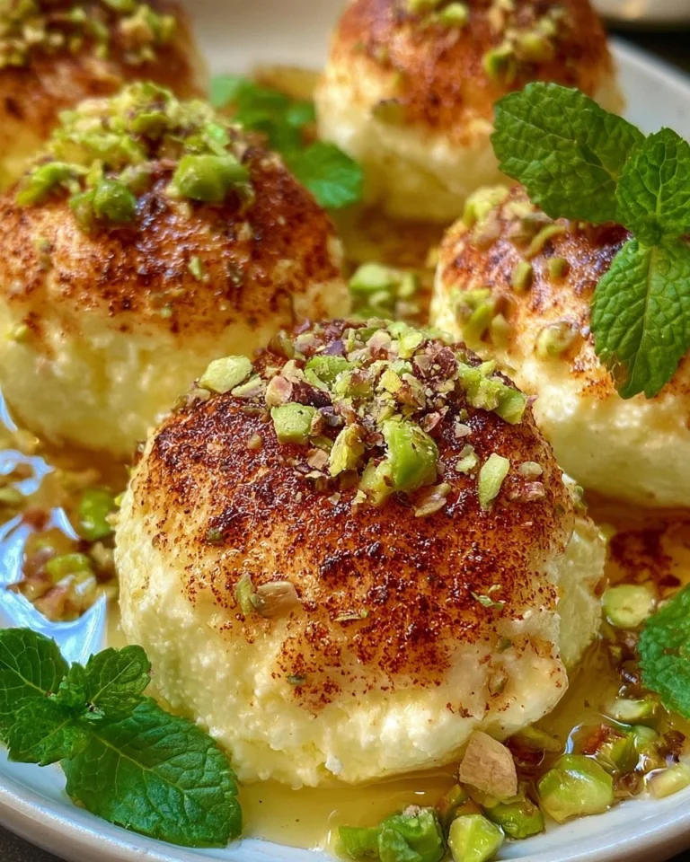 Delicious ricotta pistachio bites with honey topping, served on a plate.