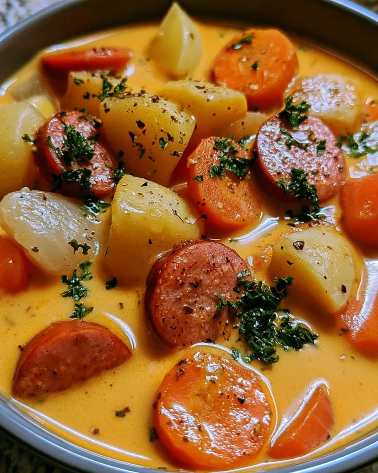 Bowl of hearty sausage potato soup garnished with herbs