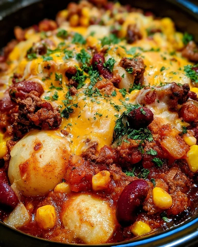 Delicious Slow Cooker Cowboy Casserole topped with cheese and served in a bowl