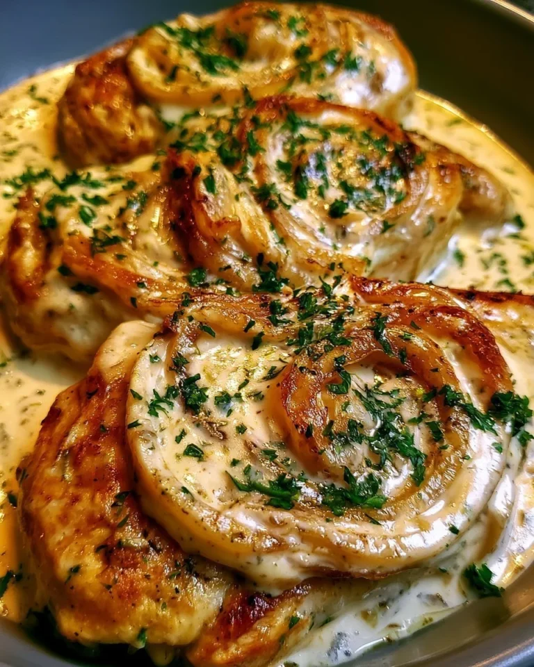 Plate of savory Sour Cream and Onion Chicken garnished with herbs.