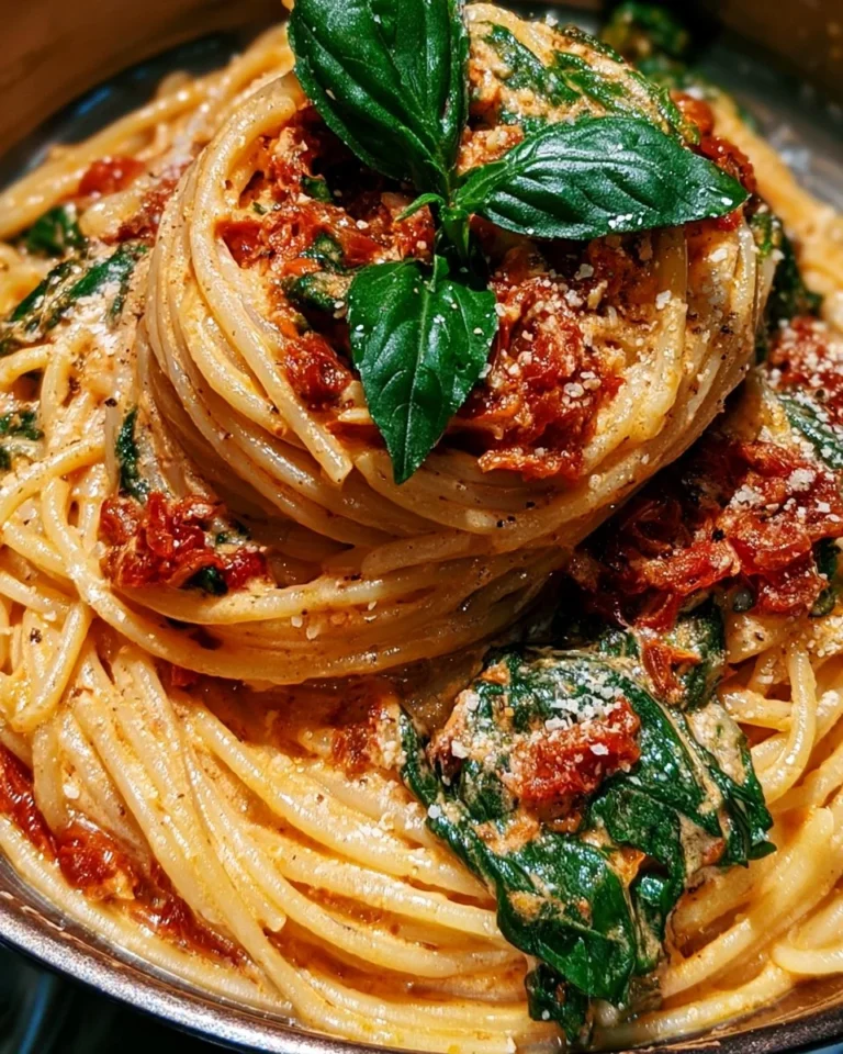 Spaghetti with spinach in sun-dried tomato sauce served on a plate