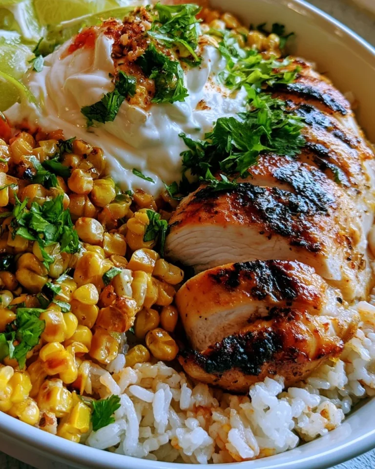 Delicious Street Corn Chicken Rice Bowl with grilled chicken and vibrant toppings