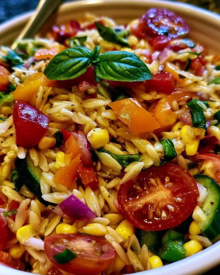 Delicious summer orzo pasta salad with fresh vegetables and herbs