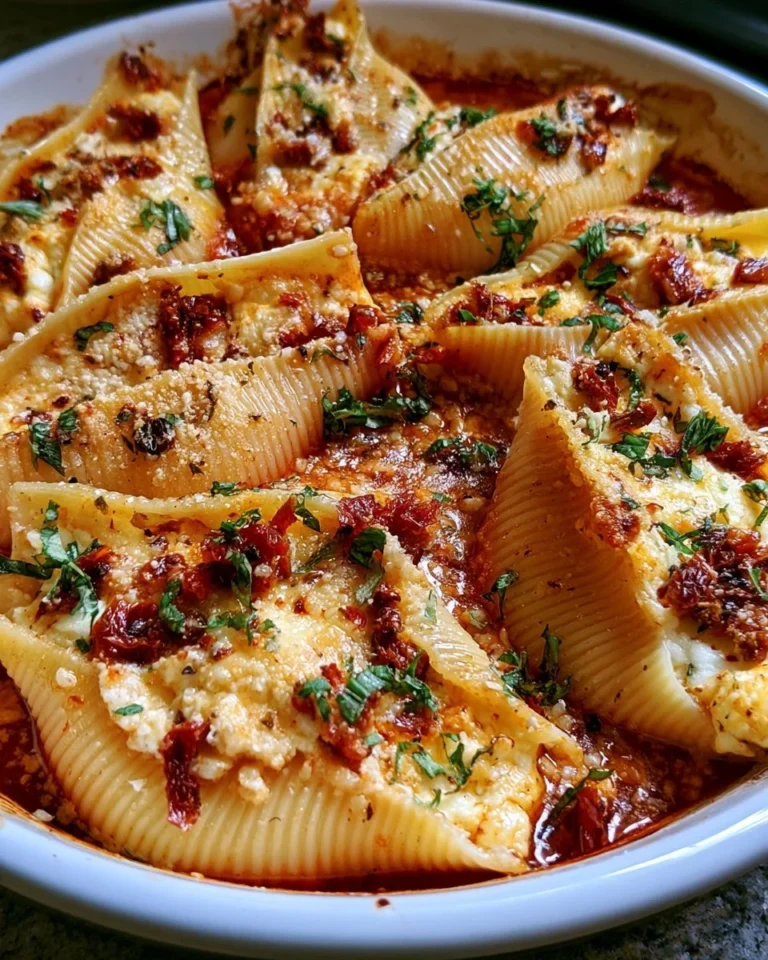Sun-Dried Tomato Ricotta Stuffed Shells garnished and ready to serve