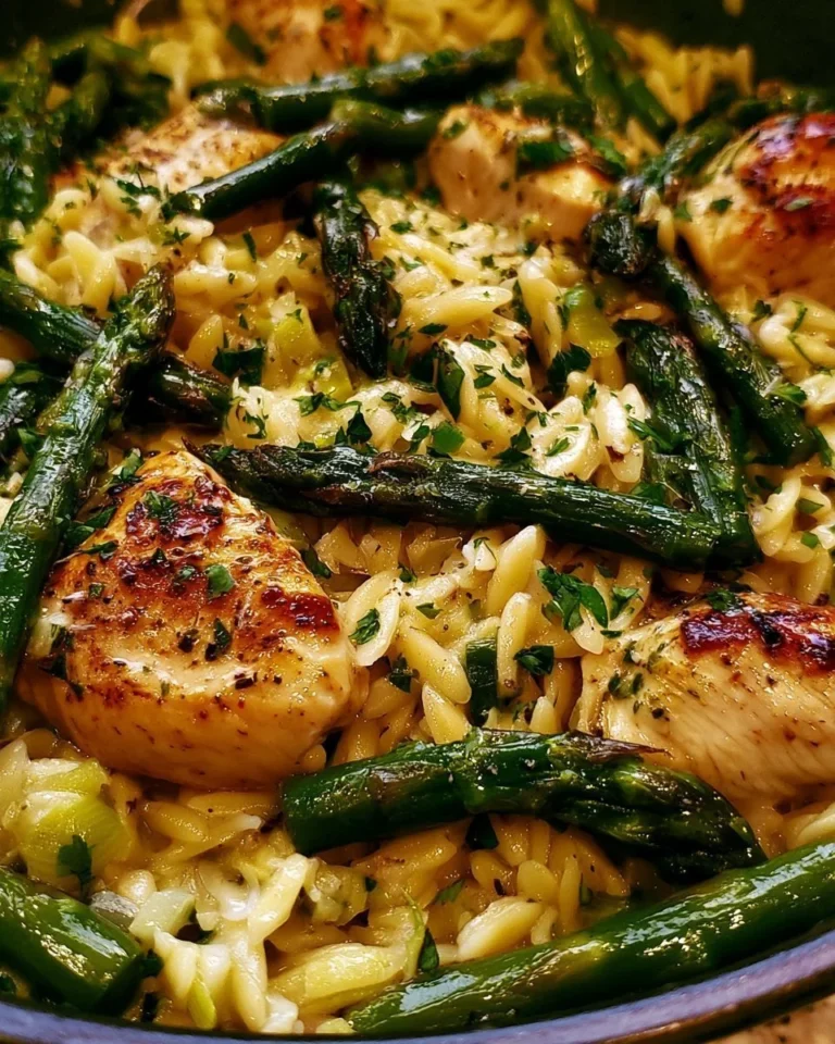 Bowl of tasty orzo with chicken and asparagus garnished with herbs