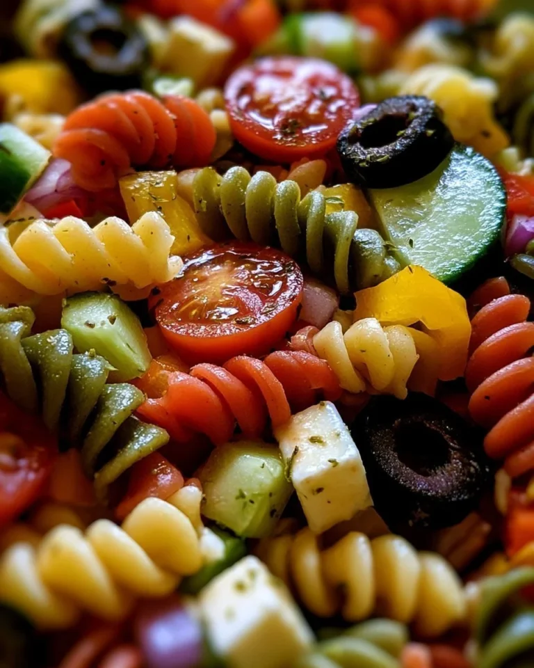 Delicious Tri-Color Pasta Salad with fresh vegetables and dressing
