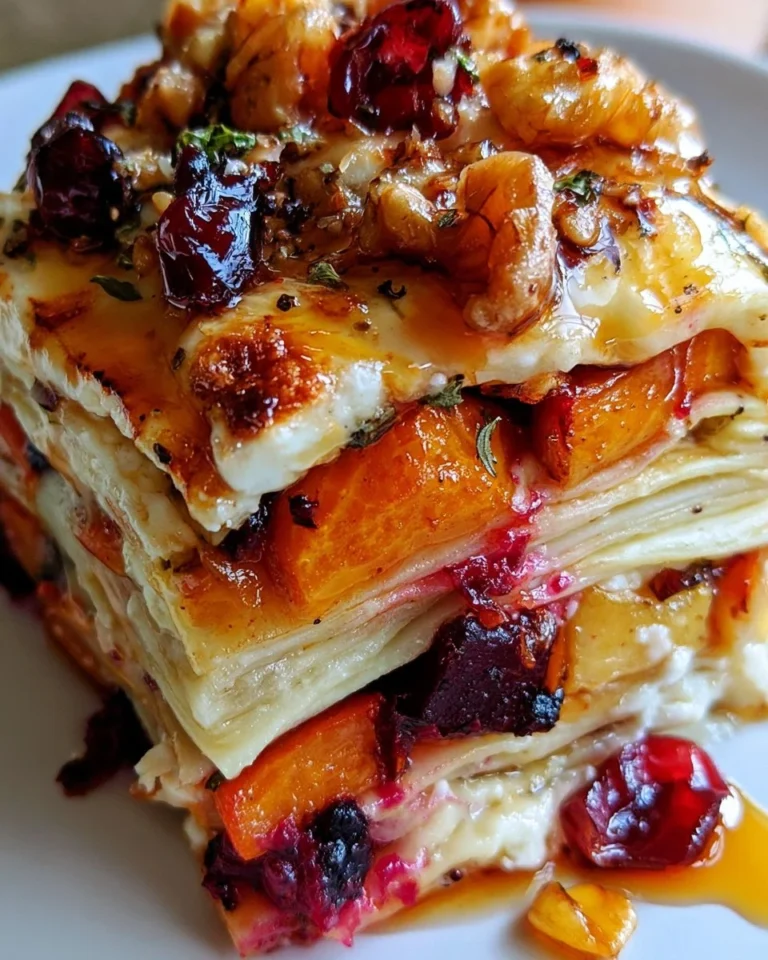 Delicious Vegetable Lasagna with Feta and Cranberry-Honey Drizzle