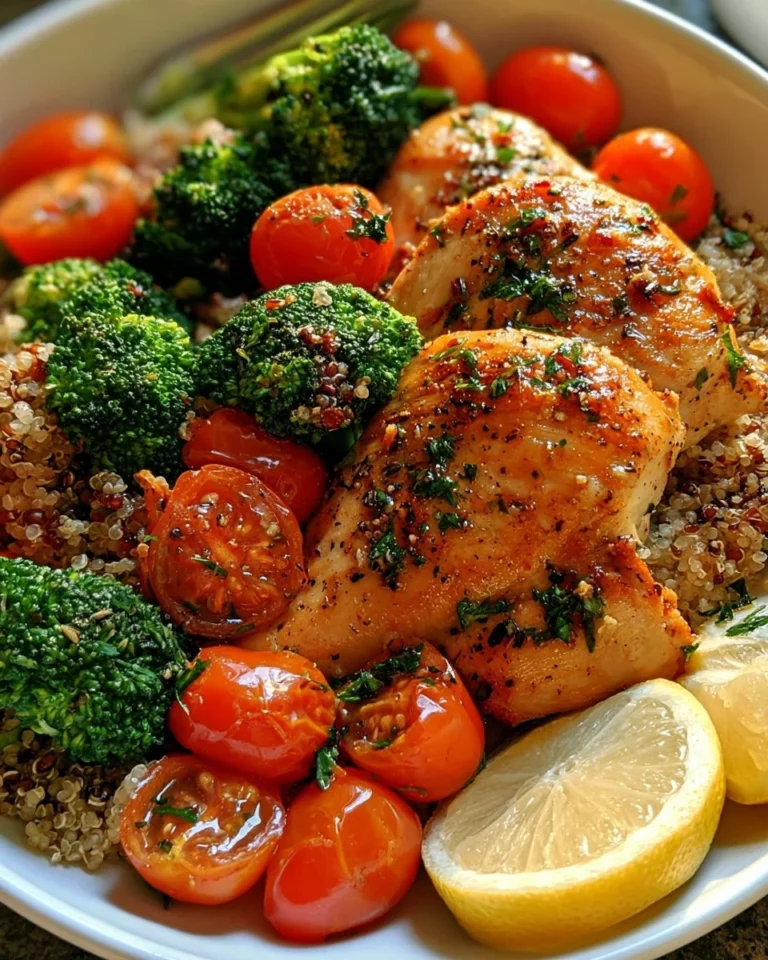 Vibrant chicken and quinoa dish garnished with fresh vegetables.